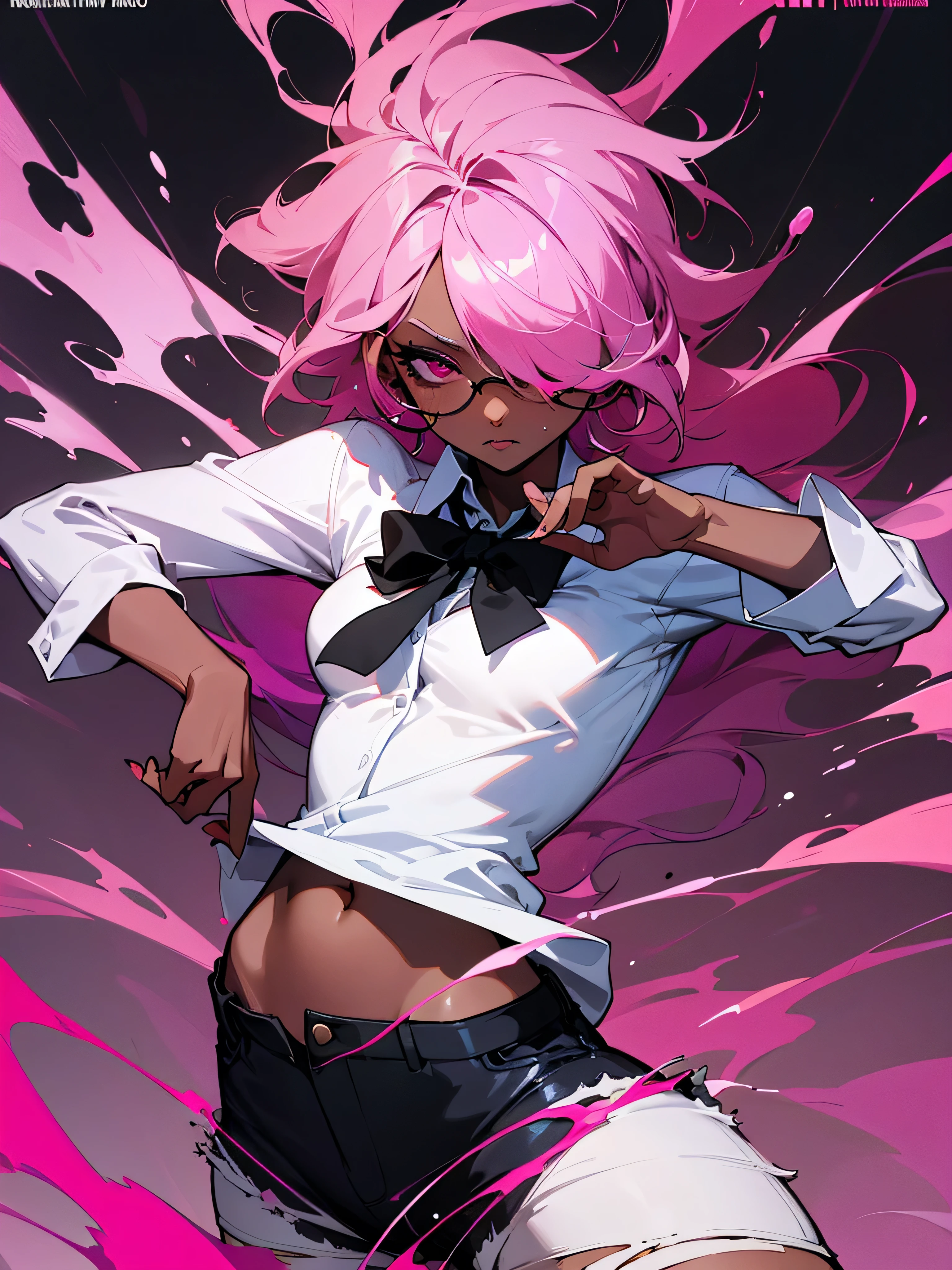 1 woman, adult, ((dark skinned woman, hair over the one eye)), pink hair, messy hair, purple eye, glasses, (white shirt, short pants), black tie, underboob, earrings, dynamic pose, masterpiece, dark and gritty background ,
color palette is mainly dark with splashes of vibrant colors, dynamic and visually striking appearance,  film poster featuring a young woman as the central character. She stands confidence, show off under wear, bukkake, nsfw,