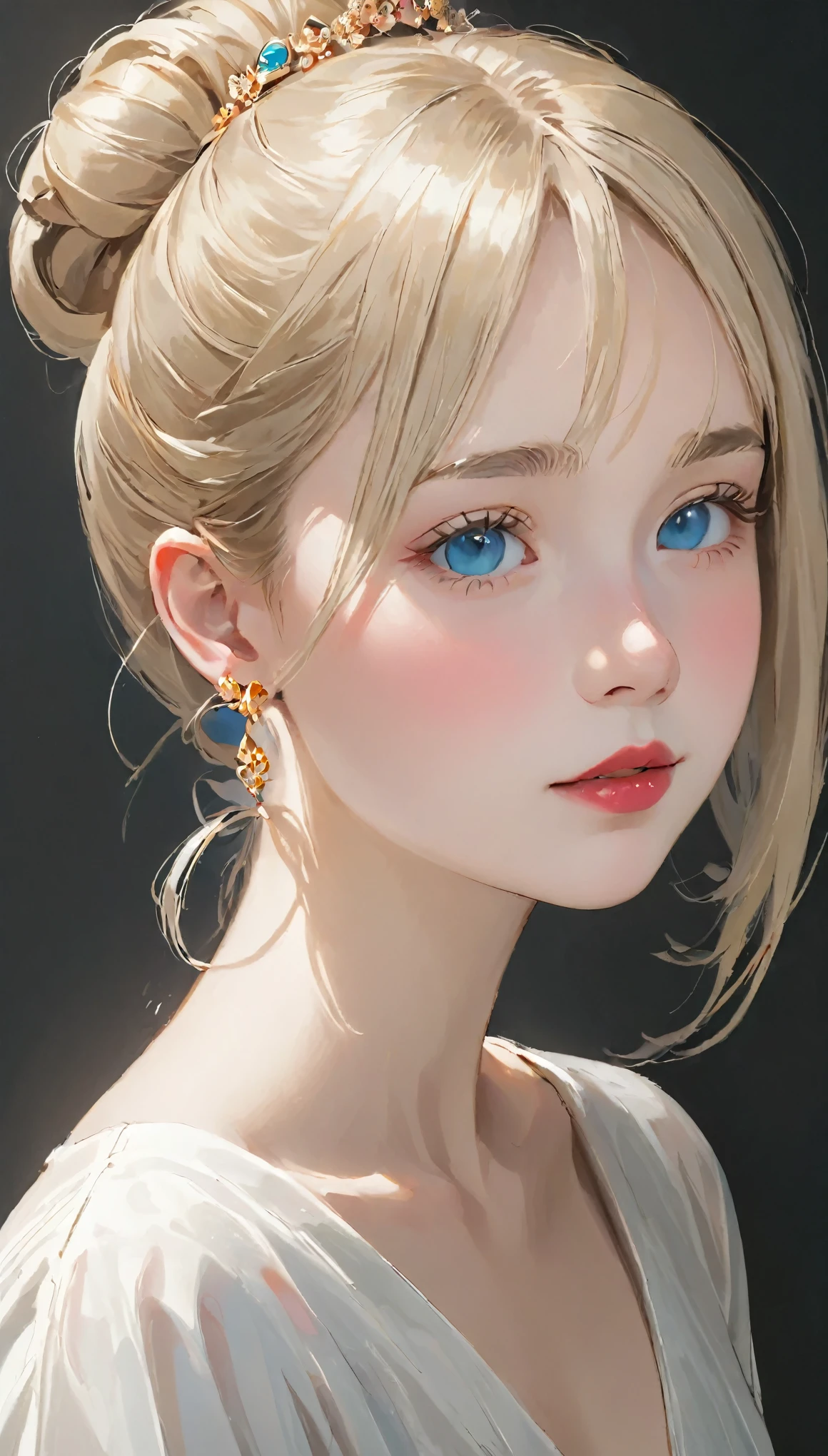 pretty girl, (Ash Blonde Hair), ((very bun hair)), Perfect Face, Expressionless,(((１２talent)))、Baby Face、、 Upper Body,(Cerulean Eyes), (that), (), (thin), ((Flat Chest)), ((Only 16)), Skin dents, Extreme Detail, Attractive oval face, Red lips, pink, Shiny skin, Thin Hair, Face Focus, Chest close-up, Gorgeous hair ornament, Gold earrings, ((1 girl)), Embarrassed look,