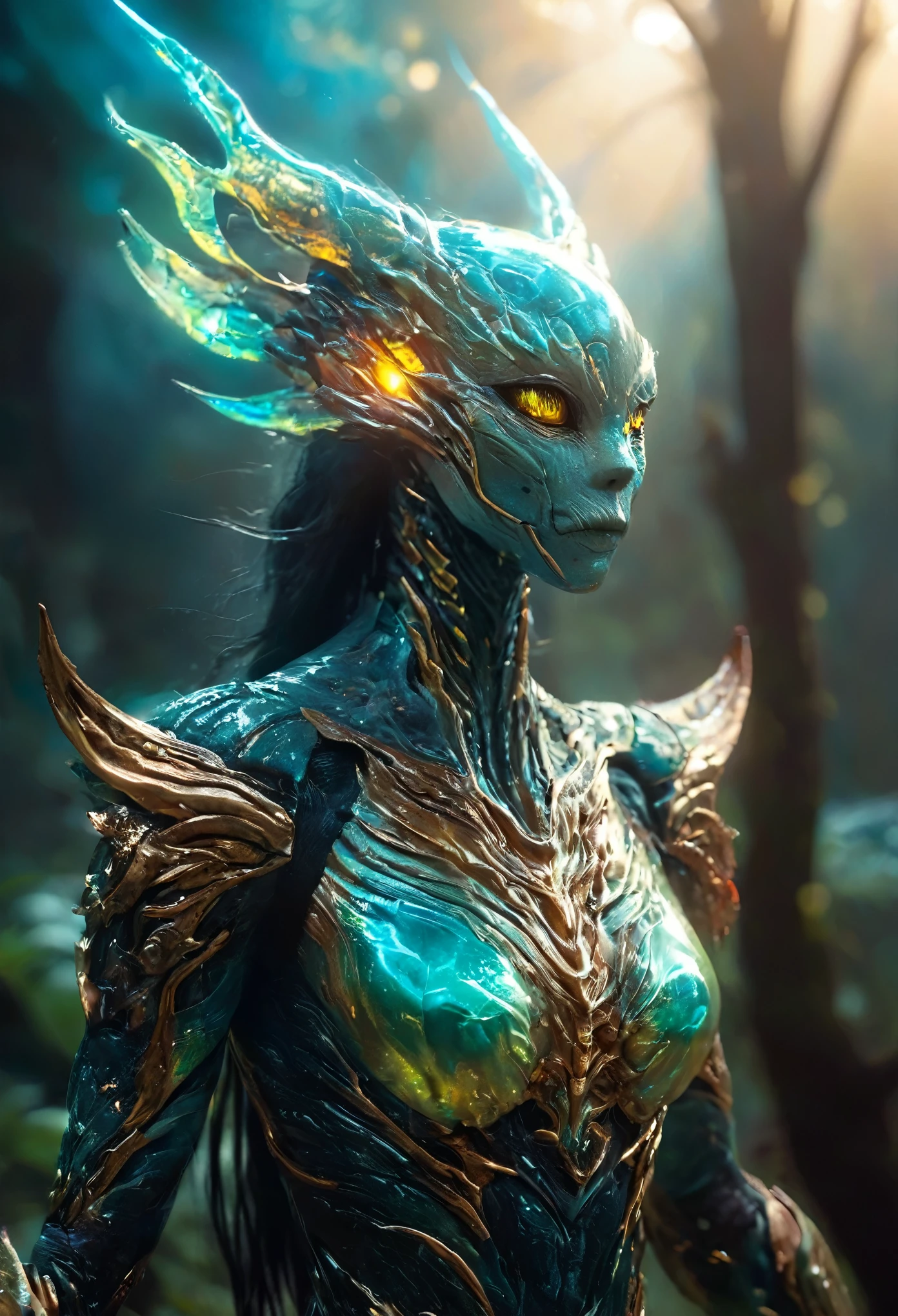 (High resolution,realistic,sharp focus),Humanoid alien creature with a vertically split face forming a mouth shape,beautiful predatory creature There is similar to a woman,Alien/monster hybrid,scary hunter,[cosmic,extraterrestrial] There is,organic matter,otherworldly predator,beyond life,length,flowing hair,earrings,shineing eyes,intense sight,[elegant,graceful],enchanting facial features,[sharp,pointed,elengthated] teeth,[toxic,toxic] tooth,intense,enchanting smile,Smooth yet muscular body,[curve,shape] There is similar to a woman,[graceful,Towering] before,Alien skin texture resembling iridescent scales,[ethereal,luminescent] shine,[Evil,Unlucky] aura,Slurping,bipedal walking,[tranquility,predatory] enchanting footsteps,hypnotic] dance,[spooky,Unforgettable] grace,contrasting colors,[darkness,Shadow] hug a living thing,dystopian background scenery,[cosmic,Milky Way] background,Unlucky celestial bodies,pulsating clouds,[extraterrestrial,surreal] vegetation,rays of ethereal light [filtering,caress] scene,dramatic chiaroscuro lighting,penetrating the darkness,Create an intimate yet frightening atmosphere.