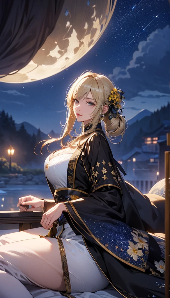 masterpiece, high quality, 4K, Beautiful design, silhouette，blonde， 非常に詳細な夜のStarry Sky,Flower Field， wonderful, Finer details,  Very knowledgeable woman, Highly detailed solo, 1 female,Big Breasts， dress，Night view，Starry Sky，full moon，