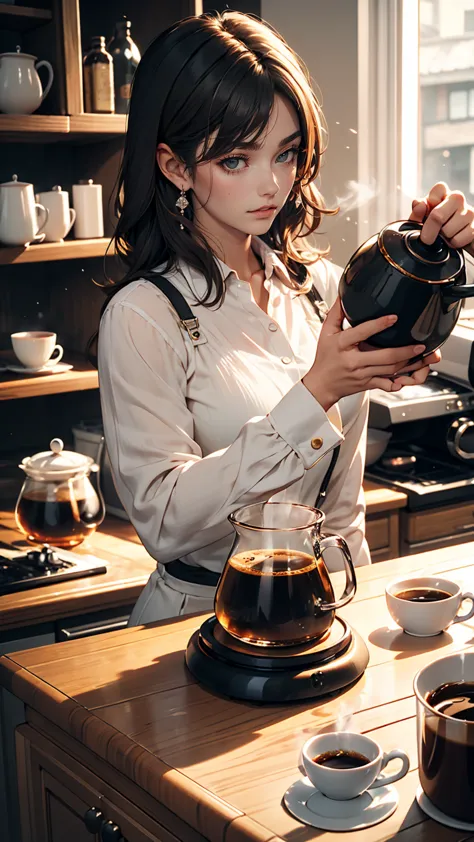 Brewing coffee every morning、It&#39;s a relaxing start to my day.、White woman、Silver Hair、smile