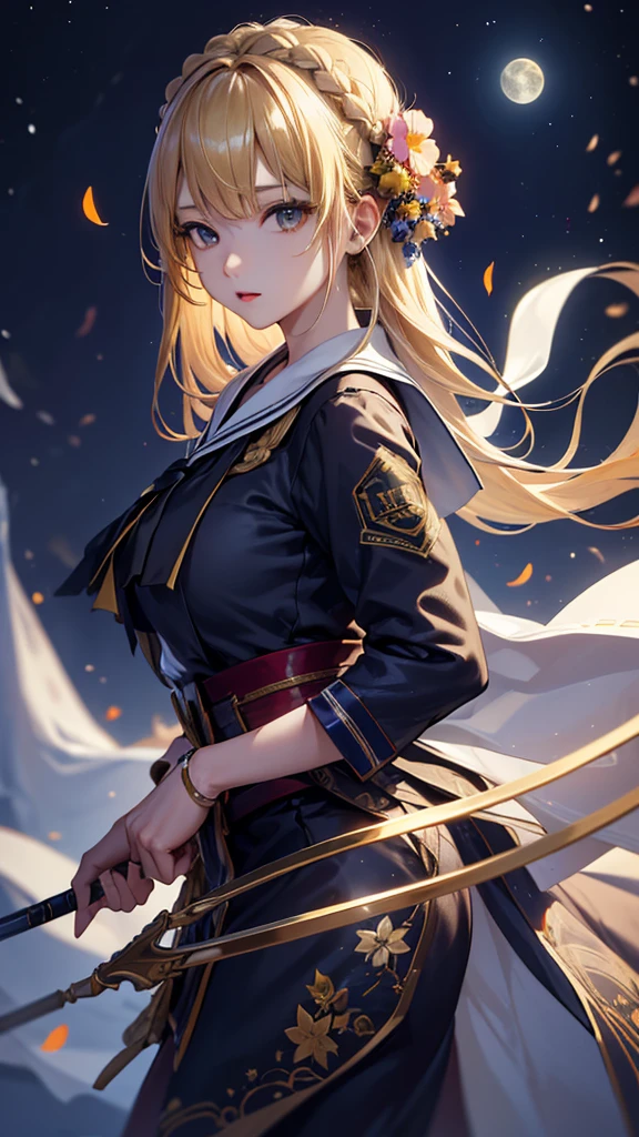 masterpiece, high quality, 4K, Beautiful design, silhouette，blonde， 非常に詳細な夜のStarry Sky,Flower Field， wonderful, Finer details,  Very knowledgeable woman, Highly detailed solo, 1 female,Big Breasts，Sailor suit，Night view，Starry Sky，full moon，