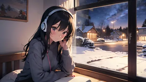 Detailed anime girls, Wearing a large sweater, Wearing headband headphones, praise, quiet, Quiet atmosphere, cold, Looking out t...