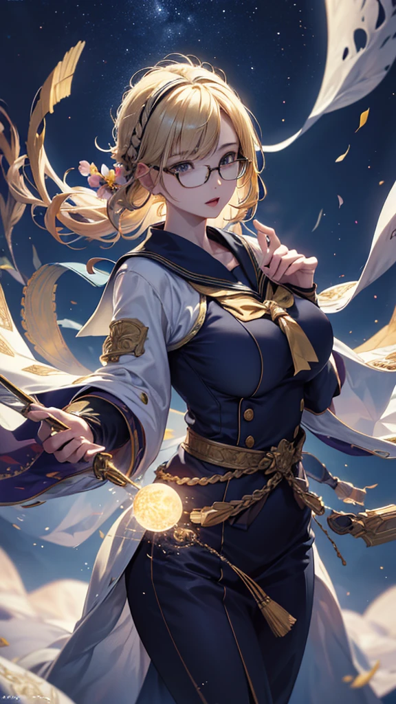 masterpiece, high quality, 4K, Beautiful design, silhouette，blonde， 非常に詳細な夜のStarry Sky,Flower Field， wonderful, Finer details,  Very knowledgeable woman, Highly detailed solo, 1 female,Big Breasts，Sailor suit，Thin glasses，Night view，Starry Sky，full moon，