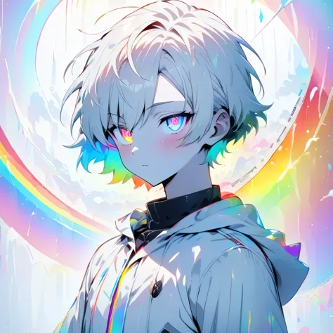 [(white background:1.5)], ((masterpiece)), high quality, ((solo)), ((1 younger boy)), (white color short hair), (rainbow color e...