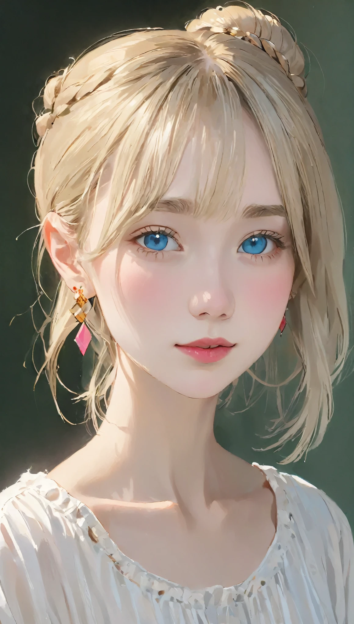 pretty girl, (Ash Blonde Hair), ((very bun hair)), Perfect Face, Expressionless,(((１２talent)))、Baby Face、、 Upper Body,(Cerulean Eyes), (that), (), (thin), ((Flat Chest)), ((Only 16)), Skin dents, Extreme Detail, Attractive oval face, Red lips, pink, Shiny skin, Thin Hair, Face Focus, Chest close-up, Gorgeous hair ornament, Gold earrings, ((1 girl)), Embarrassed look,