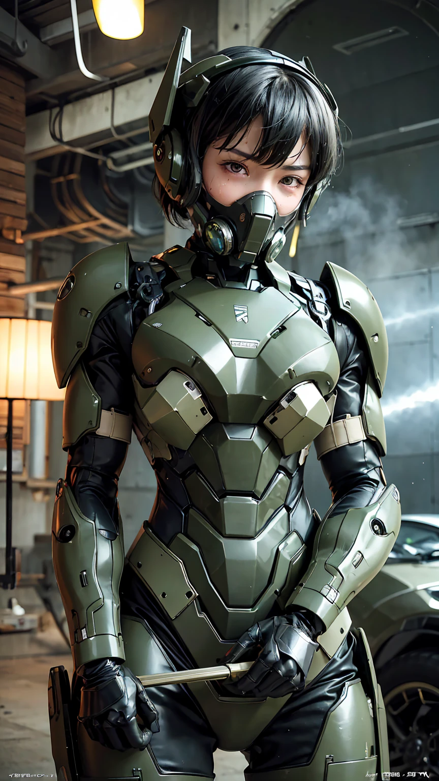 最high quality非常に詳細, Advanced Details, high quality, 最high quality, High resolution, 1080p, hard disk, beautiful,(War Machine),(Snug-fitting headgear),See the big picture,beautifulサイボーグ女性,Dark Green Mecha Cyborg Girl,Battle Mode,Mecha Body Girl　8k dark green body armor　Elementary school girl　Sweaty face　Droopy eyes　short hair　Gas mask with extension nozzle　boyish　Steam coming out of my head　My hair is wet with sweat　Black Hair, Steam coming out of the mouth　Lying in bed　The skin under the face is not exposed　smile