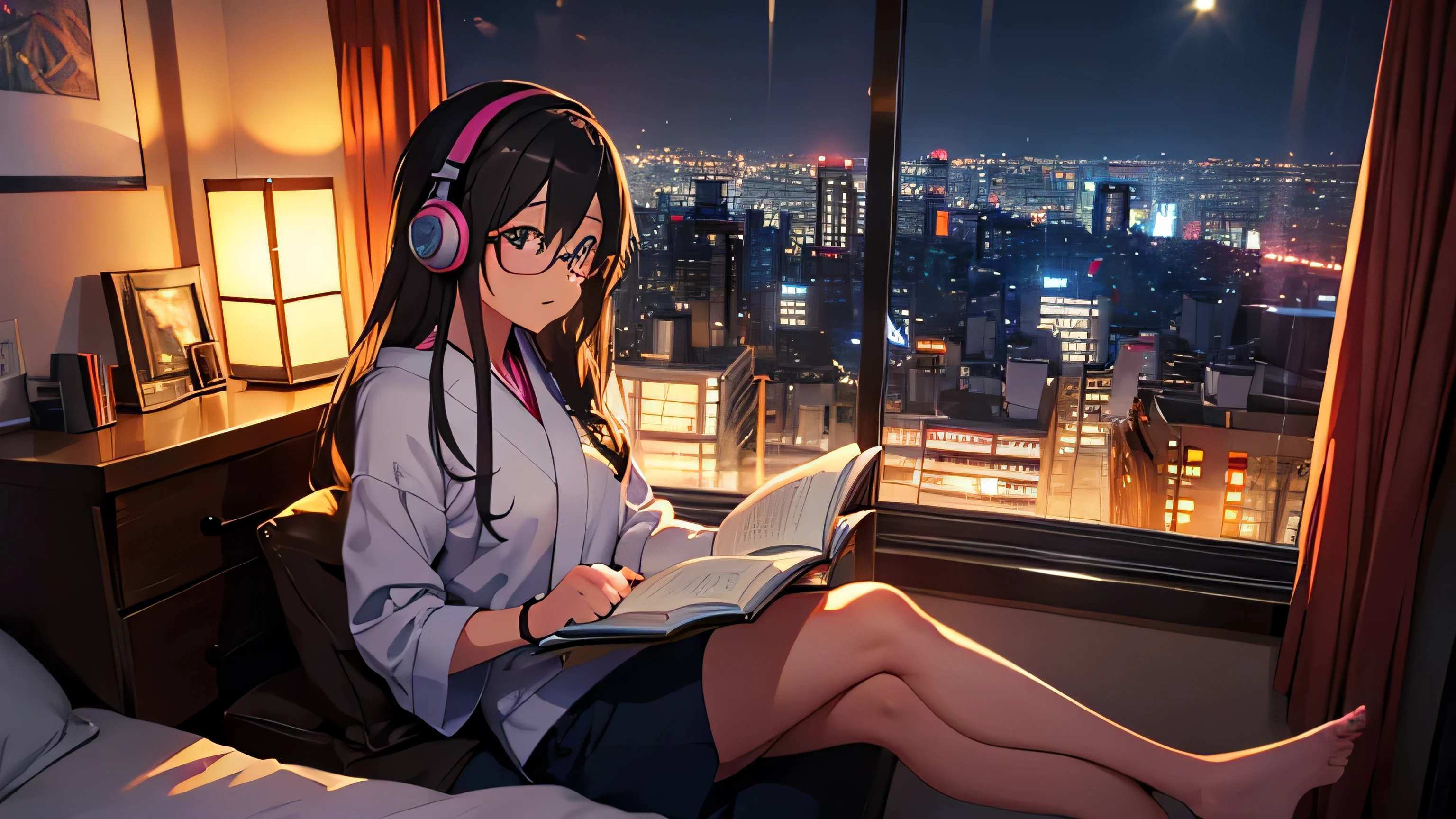 Beautiful girl with glasses studying in her room with headphones、Warm lighting at night. Outside the window is the Tokyo landscape.、Japanese anime style