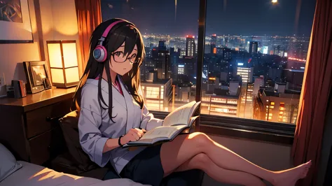 Beautiful girl with glasses studying in her room with headphones、Warm lighting at night. Outside the window is the Tokyo landsca...