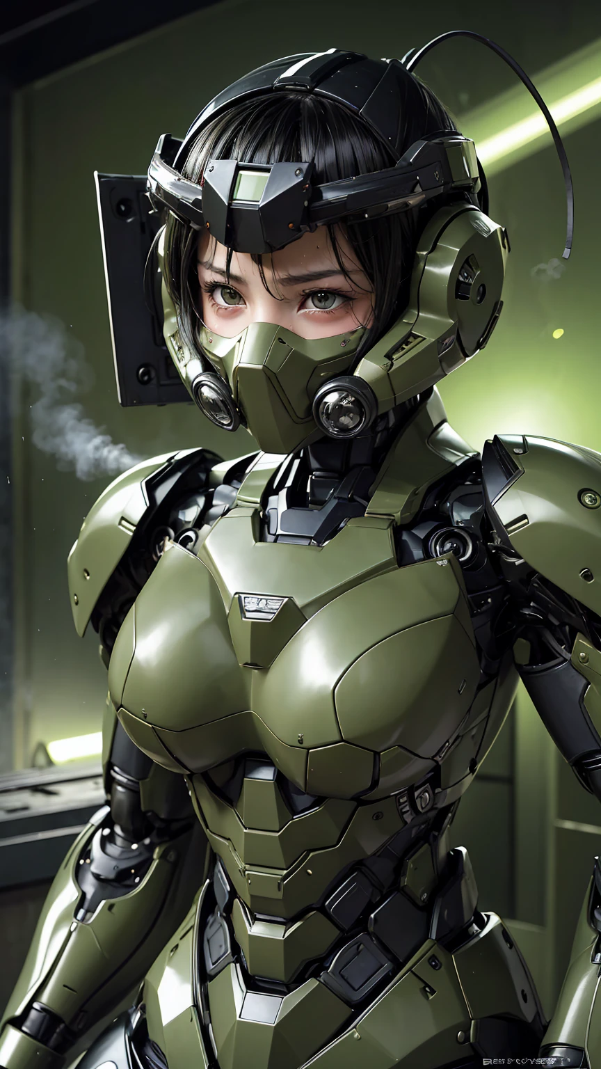 最high quality非常に詳細, Advanced Details, high quality, 最high quality, High resolution, 1080p, hard disk, beautiful,(War Machine),(Snug-fitting headgear),See the big picture,beautifulサイボーグ女性,Dark Green Mecha Cyborg Girl,Battle Mode,Mecha Body Girl　8k dark green body armor　Elementary school girl　Sweaty face　Droopy eyes　short hair　Gas mask with extension nozzle　boyish　Steam coming out of my head　My hair is wet with sweat　Black Hair, Steam coming out of the mouth　Lying in bed　The skin under the face is not exposed　smile