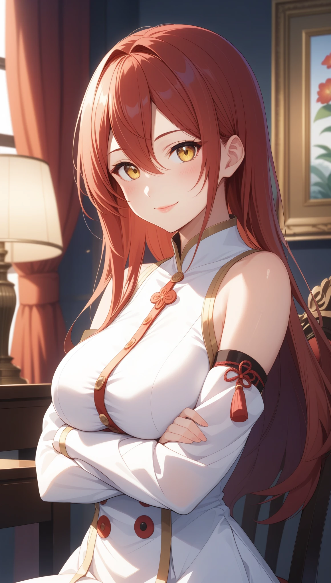 score_9, score_8_up, score_7_up, intricate details,
1girl, solo, long hair, looking at viewer, indoors, crossed arms, smile, detached sleeves, red hair, curtains, large breasts, yellow eyes, bare shoulders, closed mouth, white dress, long sleeves, upper body, dress, lamp, picture frame, blush, window, buttons, flower, sleeveless, sidelocks, hair between eyes, arms under breasts, tassel, lips, chair