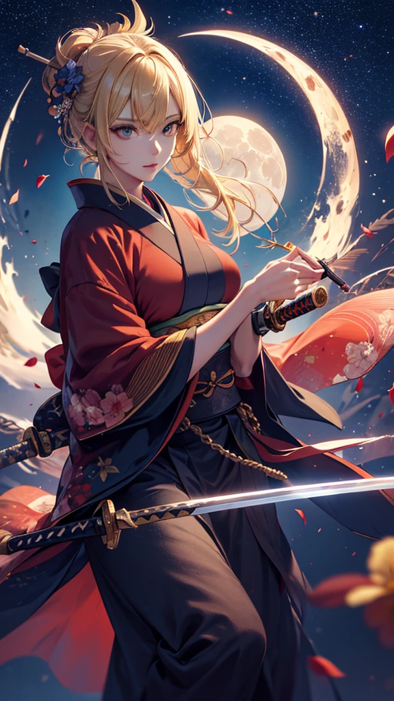 masterpiece, high quality, 4K, Beautiful design, silhouette，blonde， 非常に詳細な夜のStarry Sky,Flower Field， wonderful, Finer details,  Very knowledgeable woman, Highly detailed solo, 1 female,Big Breasts，Red colored kimono，sword，knife，Night view，Starry Sky，full moon，