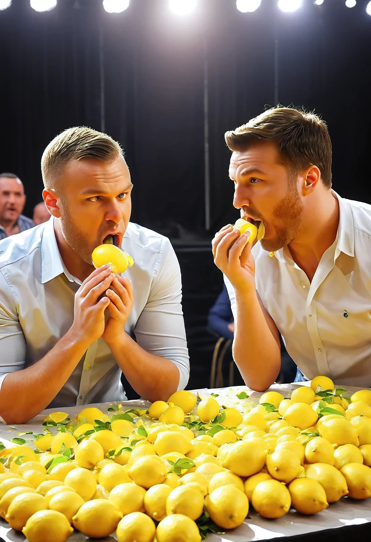 lemon eating championship, competition between 2 guys,Audience,judges,speed eating lemons,8k rendering,Photorealism,