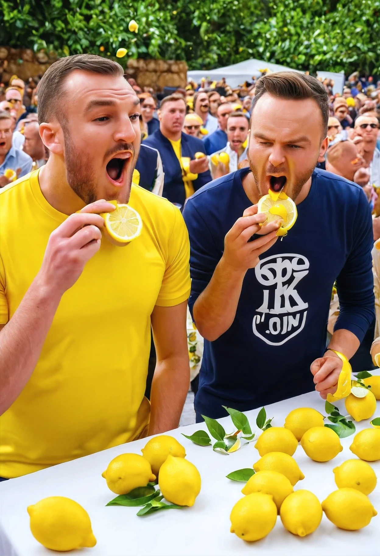 lemon eating championship, competition between 2 guys,Audience,judges,speed eating lemons,8k rendering,Photorealism,
