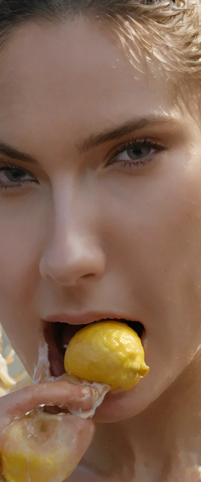 (masterpiece, best quality:1.2), 1girl, solo,there is a woman eating a ((lemon)) with a bite taken out of it, neck zoomed in from lips down, extremely close shot, movie scene close up, closeup of face , ymmm and that smell, facial closeup, up close picture, extreme close shot, cinematic close-up bust shot, upclose, vfx film closeup, close up at face