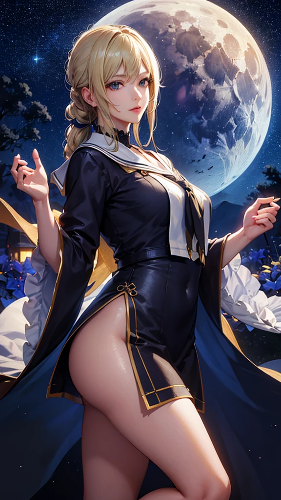 masterpiece, high quality, 4K, Beautiful design, silhouette，blonde， 非常に詳細な夜のStarry Sky,Flower Field， wonderful, Finer details,  Very knowledgeable woman, Highly detailed solo, 1 female,Big Breasts，Sailor suit，Night view，Starry Sky，full moon，