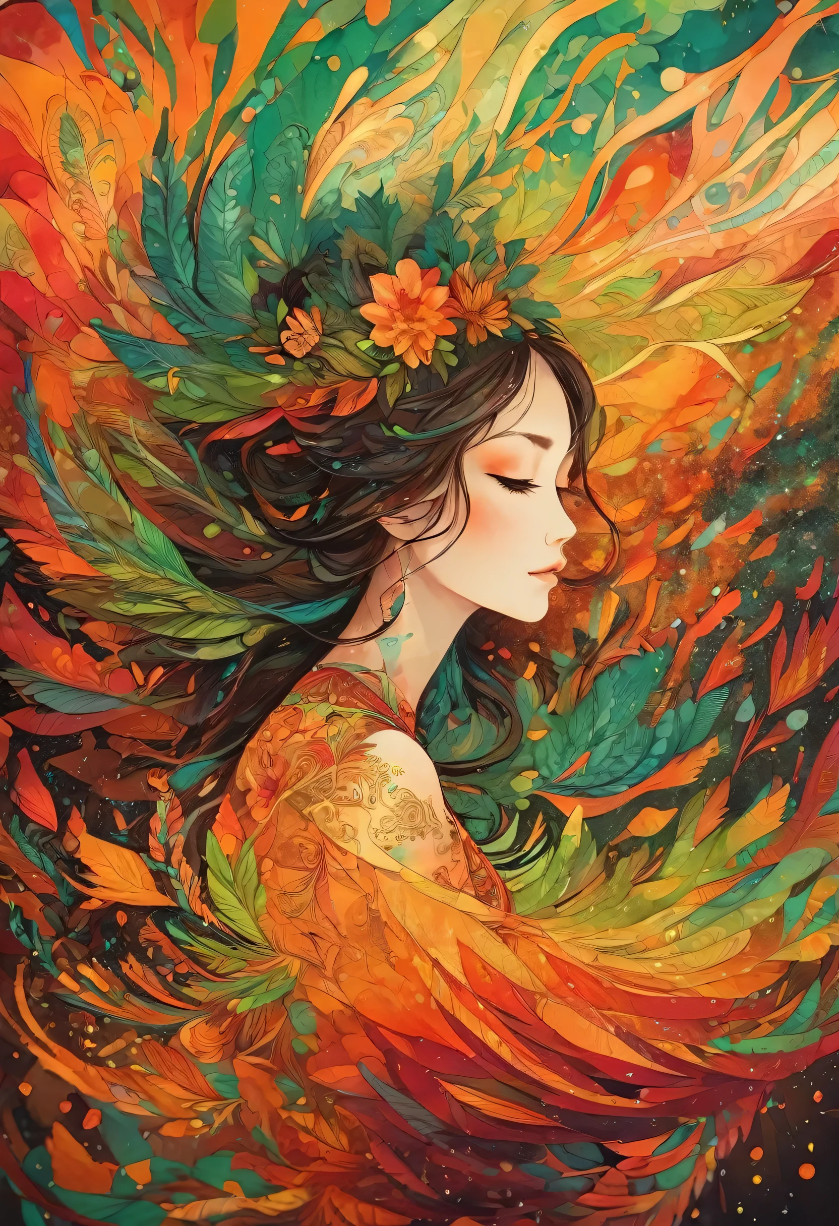 (highest quality,High resolution:1.2),Rain Spirit、Beautiful female spirit、Colorful background,Orange、red、green、Blurred,Zentangle Style,Fractal Style、black,Brown, Smash it, stand out, The most inspiring silhouette ever, Shine, Light explosion, Flying Bird, magic, thank you. By Tupu...lol...