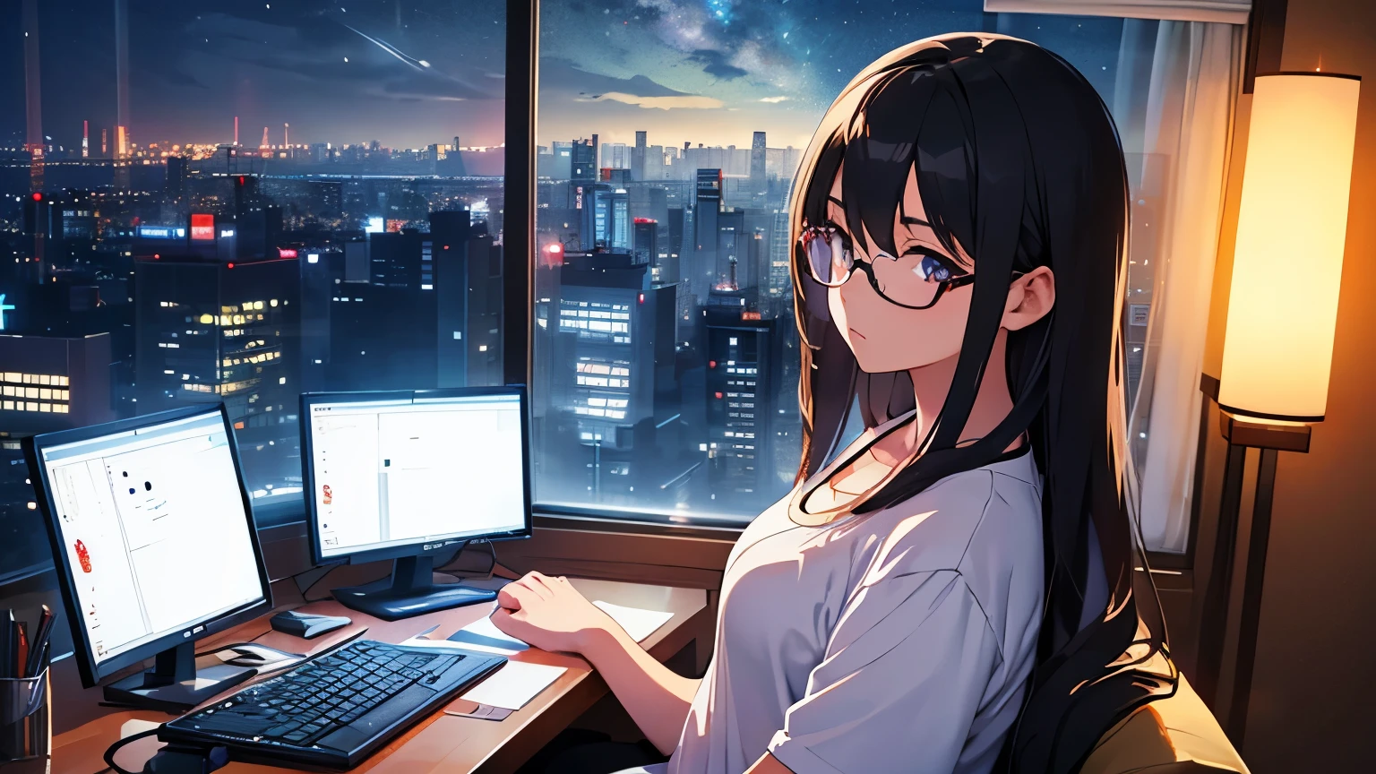 A serious-looking beautiful girl wearing glasses and a large white T-shirt using a computer in her room、Warm lighting at night. Outside the window is the night view of Tokyo.、Japanese anime style、I&#39;m sitting on the slightly messy floor of my apartment