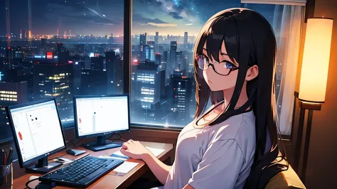 A serious-looking beautiful girl wearing glasses and a large white T-shirt using a computer in her room、Warm lighting at night. ...