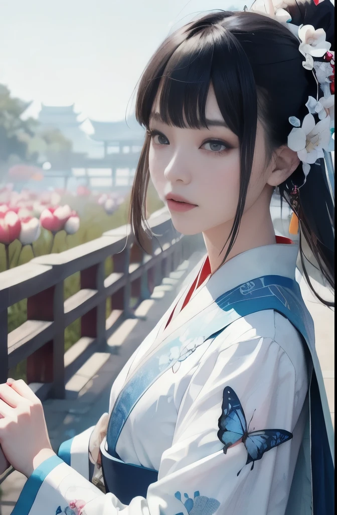 official Art, Unity 8k Wallpaper, Super detailed, beautiful, beautiful, masterpiece, best quality, mystery, , fear, literature, Art, Fashion, Tang Dynasty, decorate, Wheels within wheels, embroidery, blue hanfu, White tulle coat, 1 girl, Black Hair, Peony Hairpin, sad, fatalistic, Bust Composition, Drama, light, Dynamic perspective, full, White flowers, Blue flowers, Red flowers, Butterflies fly, Chinese Dynasty Garden Background, hazy, it&#39;s foggy, Drama,