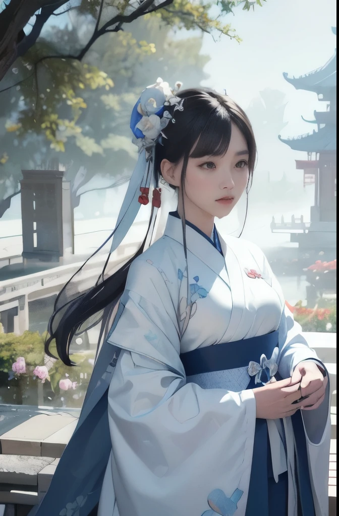 official Art, Unity 8k Wallpaper, Super detailed, beautiful, beautiful, masterpiece, best quality, mystery, , fear, literature, Art, Fashion, Tang Dynasty, decorate, Wheels within wheels, embroidery, blue hanfu, White tulle coat, 1 girl, Black Hair, Peony Hairpin, sad, fatalistic, Bust Composition, Drama, light, Dynamic perspective, full, White flowers, Blue flowers, Red flowers, Butterflies fly, Chinese Dynasty Garden Background, hazy, it&#39;s foggy, Drama,