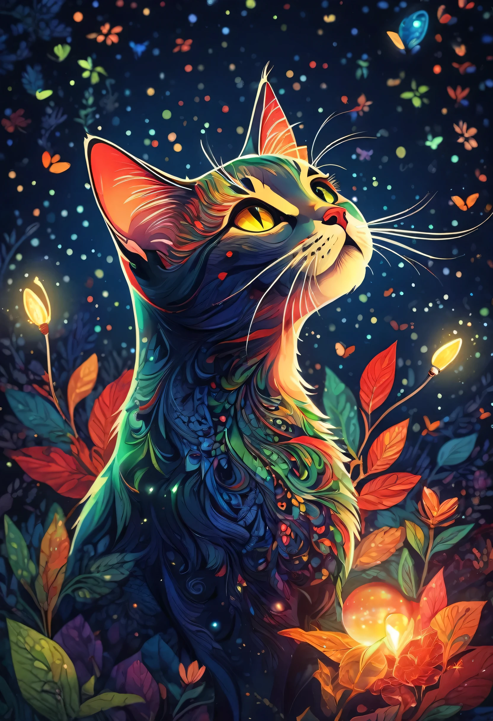 (highest quality,High resolution:1.2),Lots of firefly light、A cat looking up at the light from below、Colorful background,Navy Blue、Navy、red、green、Blurred,Zentangle Style,Fractal Style、Ball of Light、Smash it, stand out, The most inspiring silhouette ever, Shine, magic, thank you. By Tupu...lol...