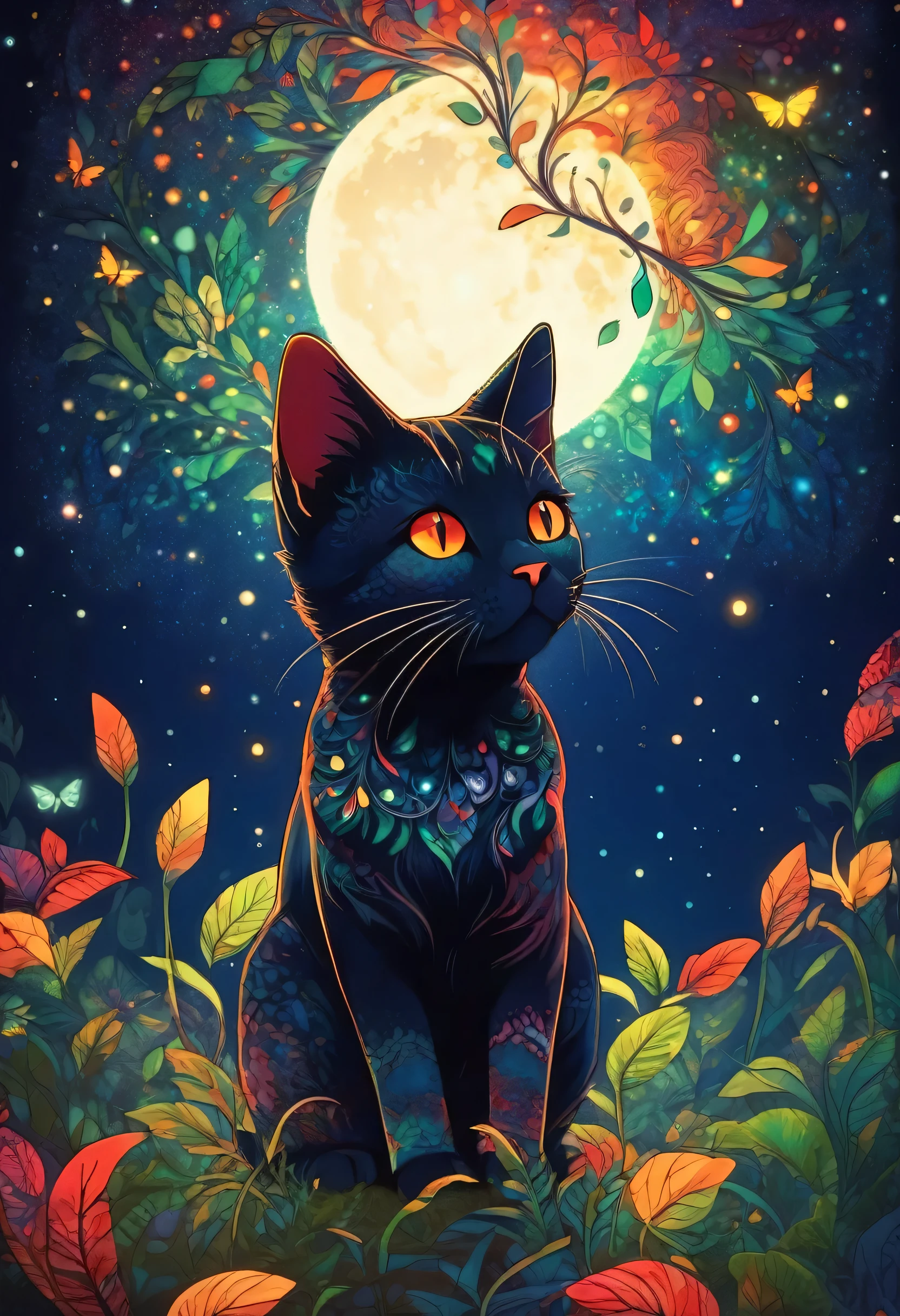 (highest quality,High resolution:1.2),Lots of firefly light、A cat looking up at the light from below、Colorful background,Navy Blue、Navy、red、green、Blurred,Zentangle Style,Fractal Style、Ball of Light、Smash it, stand out, The most inspiring silhouette ever, Shine, magic, thank you. By Tupu...lol...