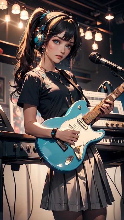 ((masterpiece, highest quality))One girl, alone, Black Dress, blue eyes, electric guitar, guitar, Headphones, Double Ponytail, H...