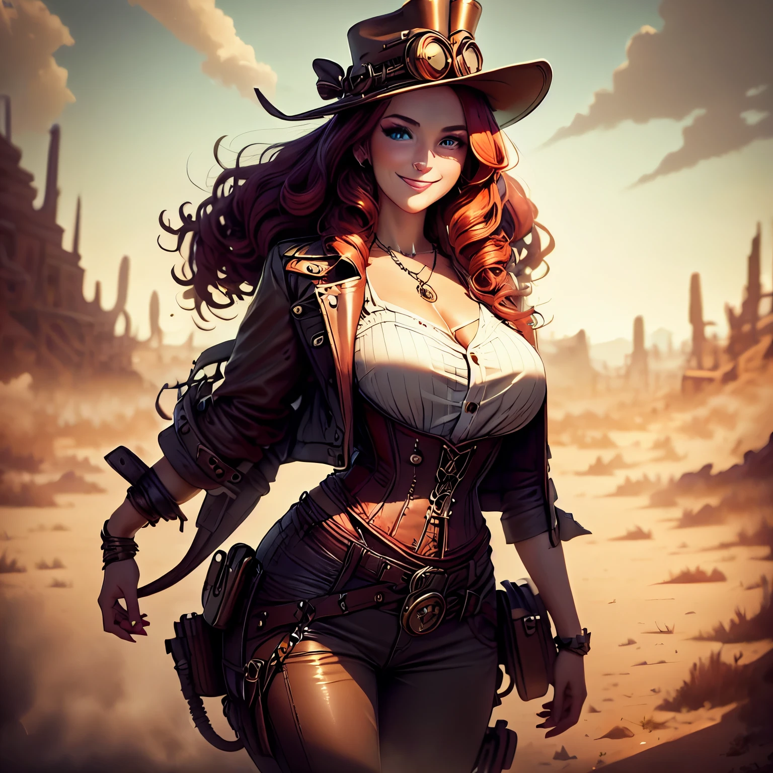 4K, Masterpiece, highres, absurdres,natural volumetric lighting and best shadows,highly detailed face, highly detailed facial features, smiling, beautiful smile, 1girl, solo, long hair, breasts, blue eyes, hat, jewelry, jacket, red hair, boots, pants, necklace, nail polish, orange hair, goggles, corset, curly hair, goggles on headwear, striped pants, steampunk, steampunk_costume