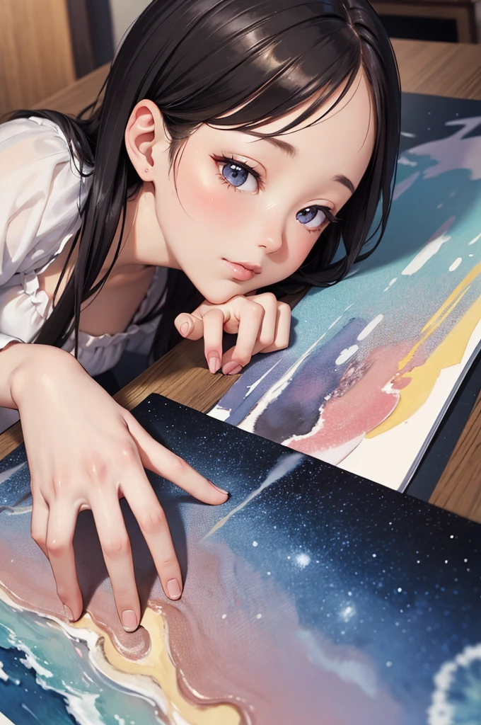 masterpiece、Soft Focus , Bright gradient watercolor、Tabletop, High resolution, 8k, Anime Women, Delicate and detailed writing 、Detailed digital illustration、high resolution, high quality、Detailed Background、Close-up photo、
(((Two arms、Four fingers, One thumb)))、Detailed female face、Woman, supernovapunk