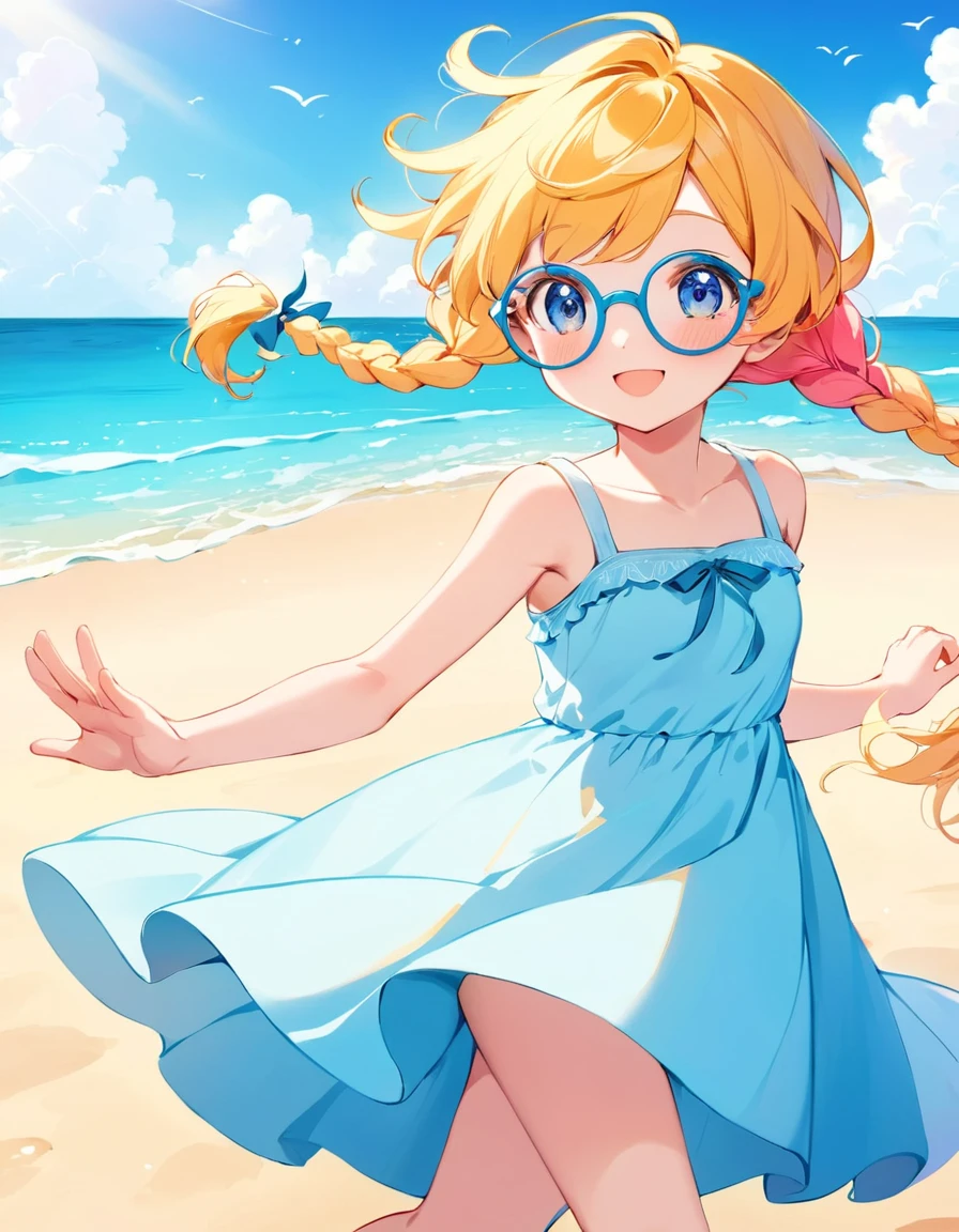 close up face, kawaii, renaissance, A girl with glasses, wearing a sundress, walks through the seaside. Her braided hair sways in the wind, and her presence evokes both nostalgia and hope for the future. bare foot, dancing, smile, vivid colors, light and shadow, religious or mythological themes, cute, adorable, brightly colored, cheerful, anime influence, highly detailed,