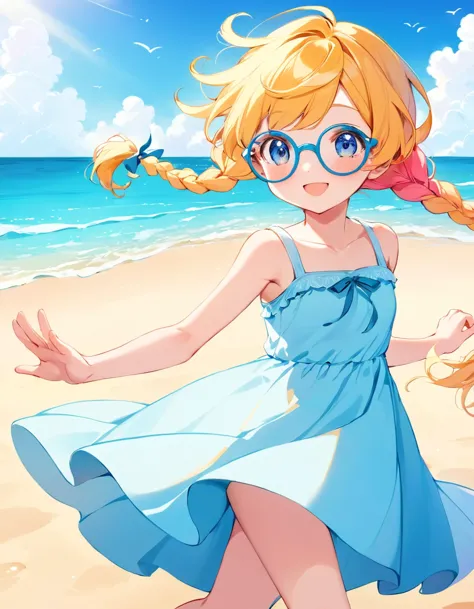 close up face, kawaii, renaissance, A girl with glasses, wearing a sundress, walks through the seaside. Her braided hair sways i...