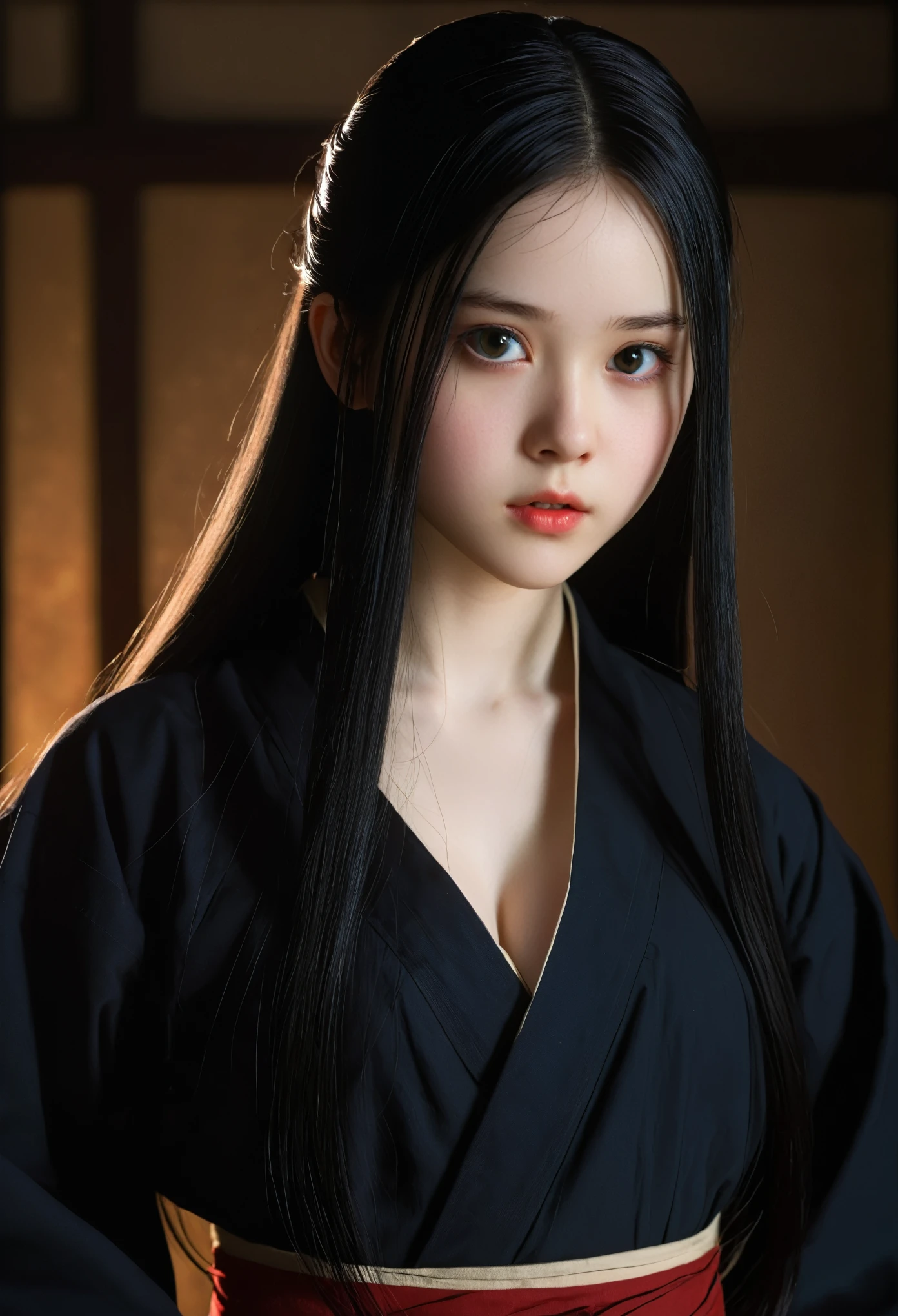 A girl around 13 years old，Pale skin，Very long hair, Black straight hair. big、Black eyes , With a strong and mysterious expression. Dressed in orphan clothing style, More elegant and refined, Something that matches her mysterious and strong personality. comprehensive, Her presence will attract attention, Attract curious and inquisitive eyes. flat chest, movie lighting, Chromatic Aberration, Backlight, masterpiece, High Detail, high quality, 4k.(breasts_grab,povhands,povbreastgrab)
