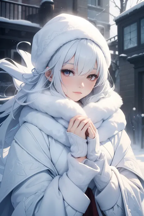 A single effulgent figure graces a snowy expanse under a crystalline sky, wrapped in a luxurious quilted coat of pristine white....