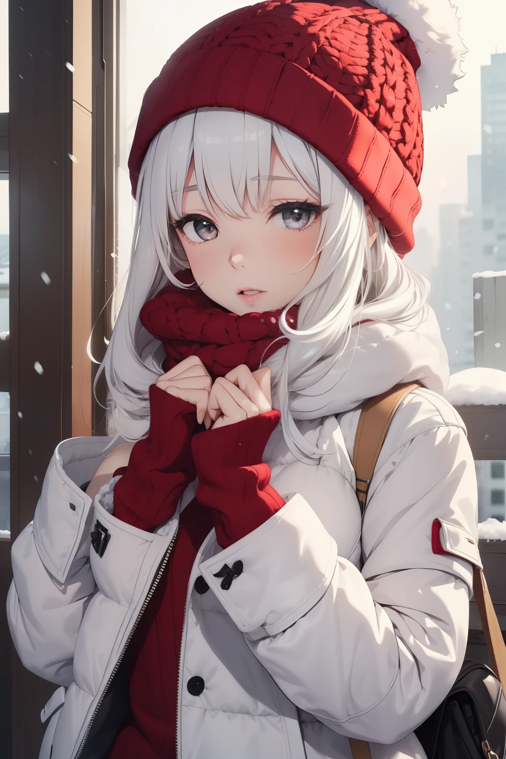 一人の女の子, 赤いふわふわのニット帽, 雪の日, ホワイトブレス, 手で呼吸する, 寒い, 白いキルティングコート, 上半身,