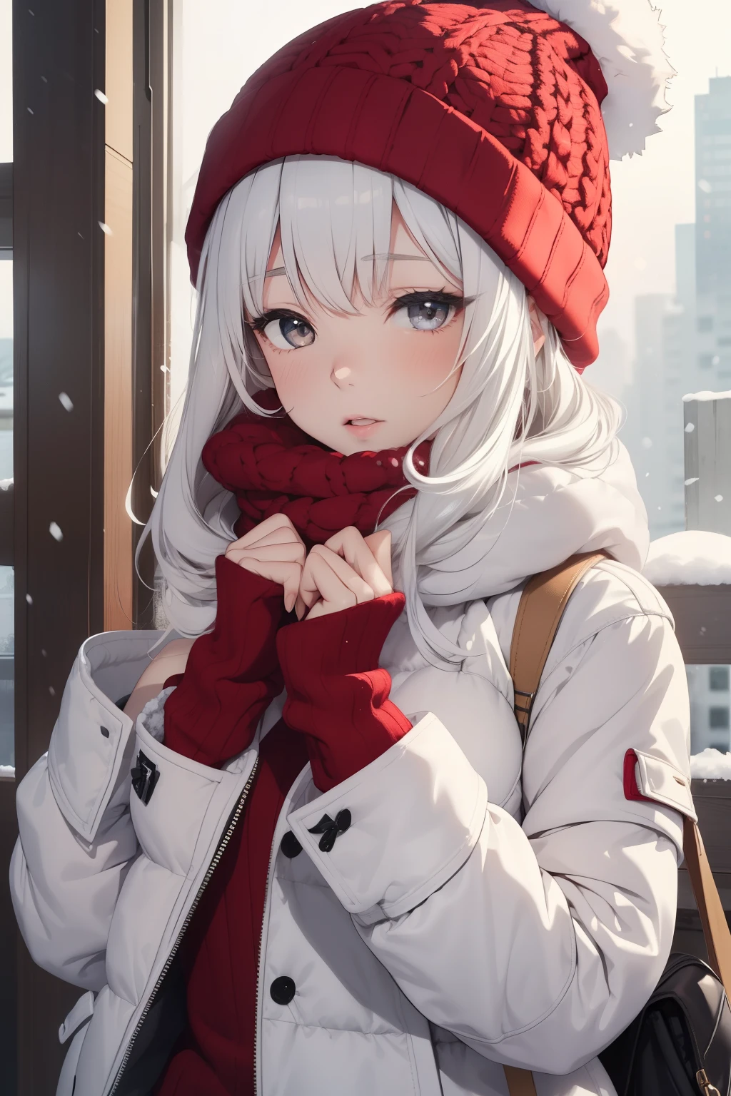 One girl, red fluffy knit hat, snowy day, white breath, breathing on hands, cold, white quilted coat, upper body,