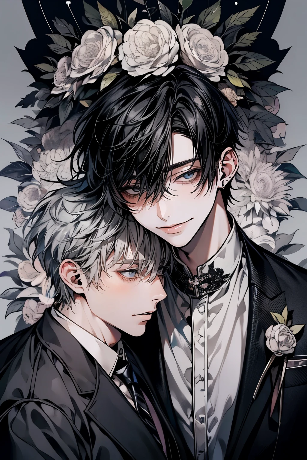 (Mastepiece), (Best Quality), Very detailed, ((Two men:1.5)), Perfect Face, Beautiful Face, Very detailedな顔，(Black-haired man:1.3)，(Grey-haired man:1.3)，suit，shirt，smile，flower