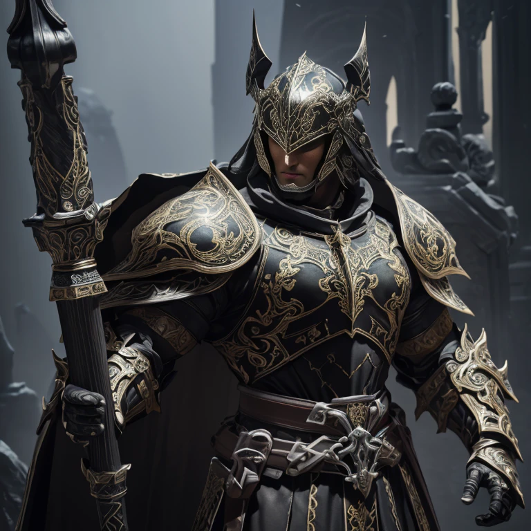 master piece, best quality, 4k, (master piece:1.5), (best quality:1.5), 8k,wallpaper, Full Body, A muscular Male dark fantasy knight wearing an intricate elaborate baroque black and white armor with white ornaments, hoplite general helmet, blood red large tunic, wearing a long spear, in front of a giant gate, front gate background, ethereal lighting, sharp focus