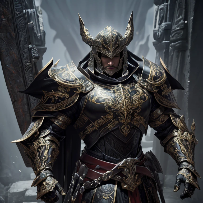 master piece, best quality, 4k, (master piece:1.5), (best quality:1.5), 8k,wallpaper, Full Body, A muscular Male dark fantasy knight wearing an intricate elaborate baroque black and white armor with white ornaments, hoplite general helmet, blood red large tunic, wearing a long spear, in front of a giant gate, front gate background, ethereal lighting, sharp focus