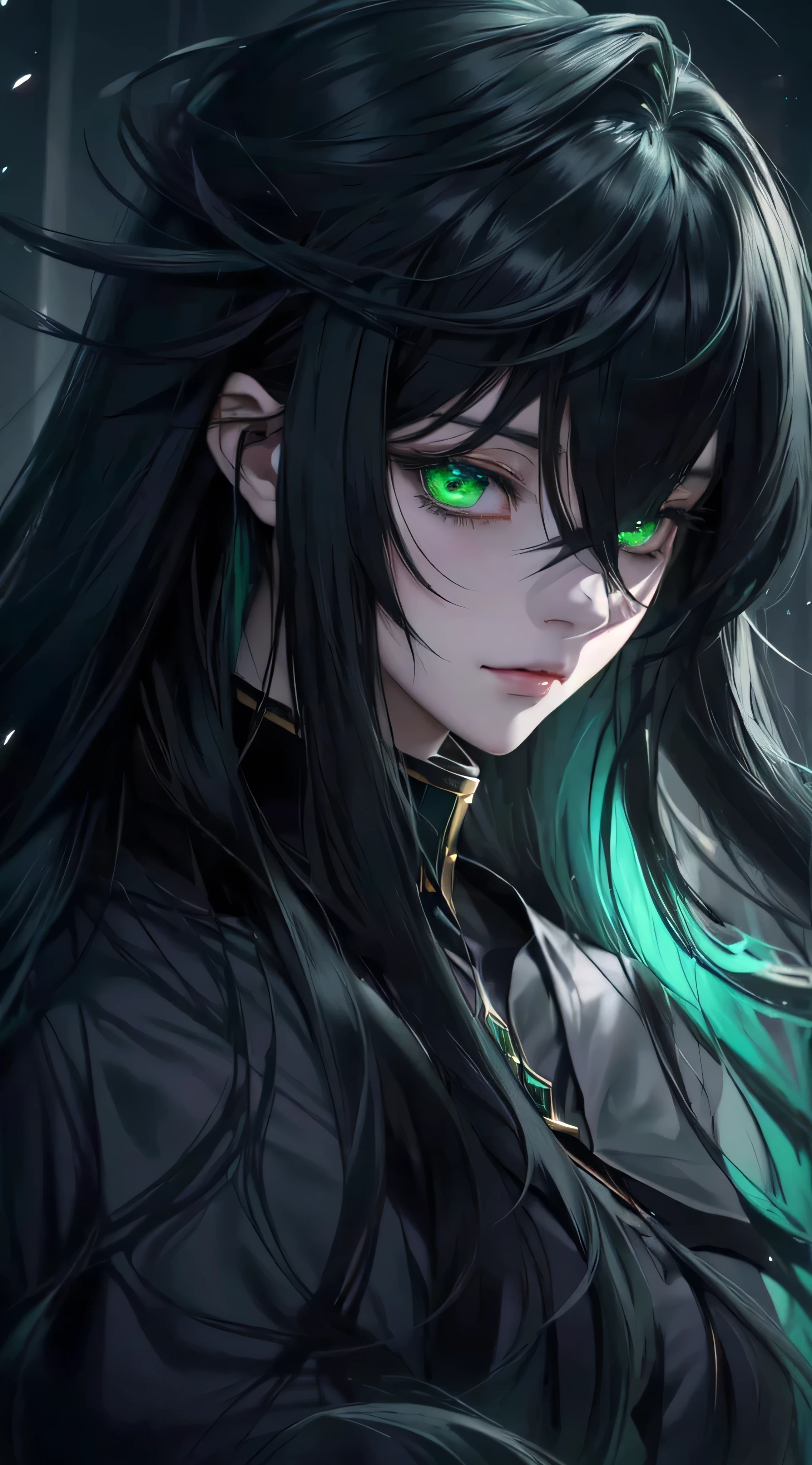 Anime girl with long black hair and green eyes, Image of Gabmo Yandere Grimdark, Image of zodiac girl knights, By Jin Homura, albedo from the anime overlord, Detailed digital anime art, Anime character, detailed Anime character art, Picture of an anime hero, albedo, A black-haired wizard, stunning anime face portrait