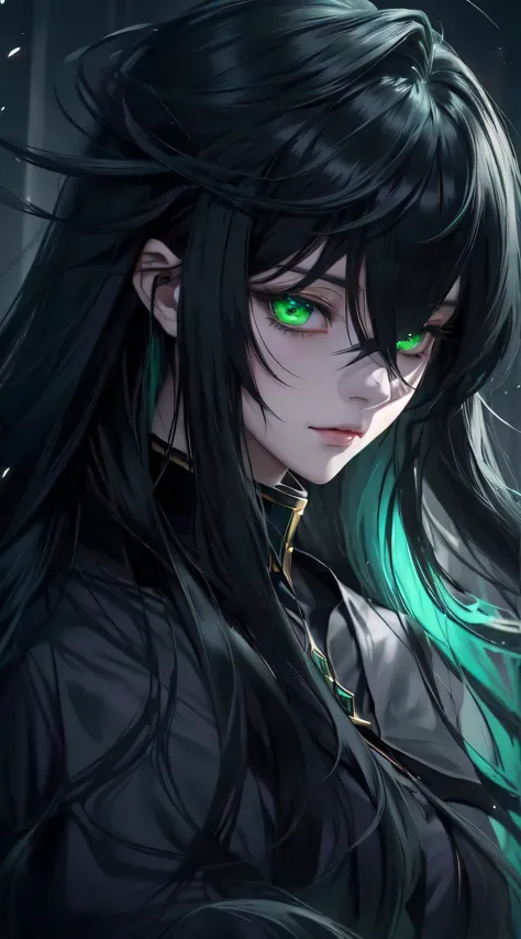 Anime girl with long black hair and green eyes, Image of Gabmo Yandere Grimdark, Image of zodiac girl knights, By Jin Homura, al...