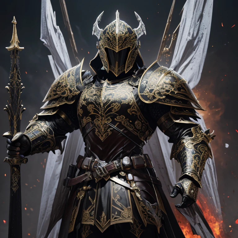 master piece, best quality, 4k, (master piece:1.5), (best quality:1.5), 8k,wallpaper, Full Body, A Male dark fantasy knight wearing an intricate elaborate baroque white armor with black ornaments, hoplite general helmet, blood red large tunic, wearing a long spear, in front of a giant gate, front gate background, ethereal lighting, sharp focus