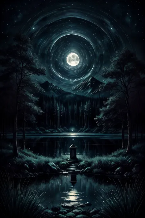 Create a dark and gothic image of a lake at night. In the center of the lake, there is a prominent, solitary tombstone. The tomb...