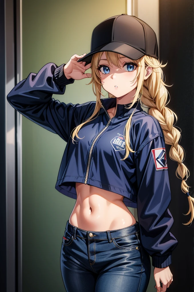 a sexy anime girl posing with a gangster hat on and black jacket, 1girl, solo, hat, jacket, navel, blue eyes, denim, breasts, open jacket, baseball cap, pants, braid, open clothes, blonde hair, crop top, long hair, twin braids, blue jacket, stomach, long sleeves, parted lips, midriff, black headwear, shirt, hand on headwear, v, cowboy shot, looking at viewer, black shirt, jeans