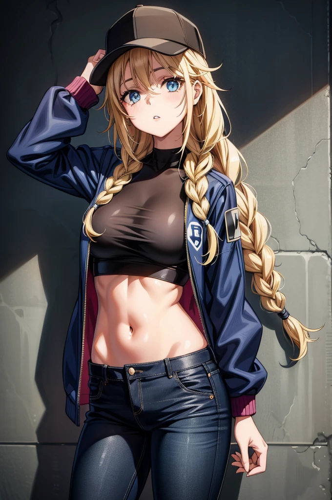 a sexy anime girl posing with a gangster hat on and black jacket, 1girl, solo, hat, jacket, navel, blue eyes, denim, breasts, open jacket, baseball cap, pants, braid, open clothes, blonde hair, crop top, long hair, twin braids, blue jacket, stomach, long sleeves, parted lips, midriff, black headwear, shirt, hand on headwear, v, cowboy shot, looking at viewer, black shirt, jeans