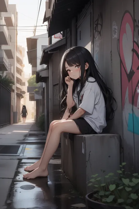 1 girl, chibi, wavy black long hair, age 15, sitting and leaning on the exterior wall of the building, knees up, torn and dirty ...
