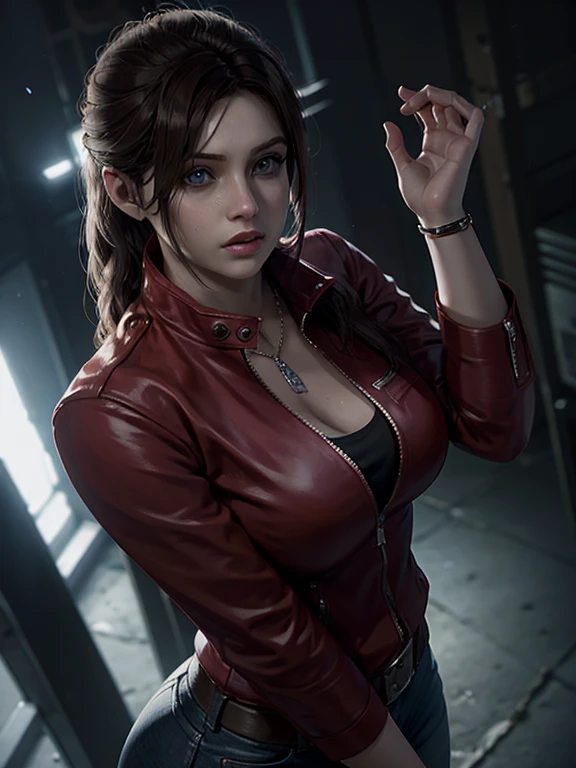 Claire Redfield, {{partie maîtresse, Meilleure qualité, CG extrêmement détaillé, Fond d&#39;écran Unité 8k, Éclairage cinématographique}},  1fille, Nouvelle femme, tout le corps, journée ensoleillée, beaux yeux détaillés, (gros seins, clivage), cul rond, regardant le public, long cils