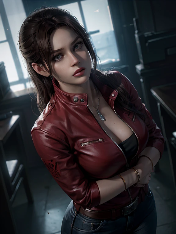 Claire Redfield, {{partie maîtresse, Meilleure qualité, CG extrêmement détaillé, Fond d&#39;écran Unité 8k, Éclairage cinématographique}},  1fille, Nouvelle femme, tout le corps, journée ensoleillée, beaux yeux détaillés, (gros seins, clivage), cul rond, regardant le public, long cils