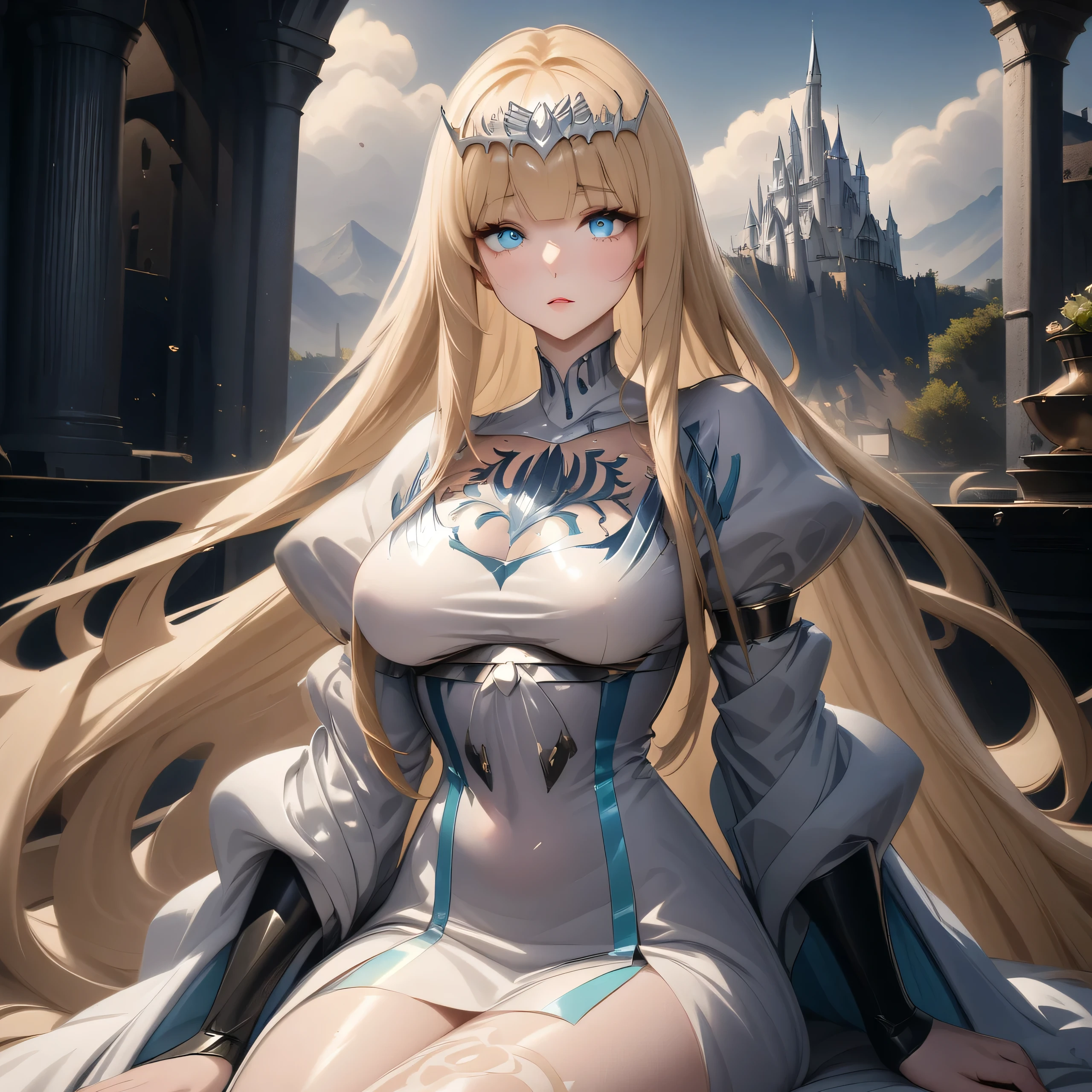 hyper detailed render style, glow, yellow, blue, surreal oil painting, shiny eyes, exaggerated perspective, Tyndall effect,, a holographic white, beautiful background, 1girl, solo, Calca, Calca Bessarez, blonde hair, (extremely long hair:1.6), very long hair, white tiara, silver tiara, white dress, blue eyes, medium chest, short neck, castle background, in a luxurious room, sitting on the throne, medium-to-big breast, mature female, detailed face, close up