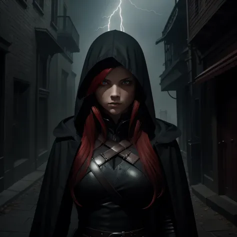 best qualitya girl with red hair and detailed eyes and face, lightning bolts around, red glowing eyes, wearing a black dress, wi...